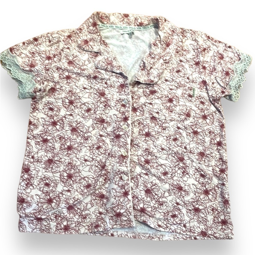 Thalia Sodi Short Sleeve Pajama Top sleep shirt PJs flowers pink red gray lace L